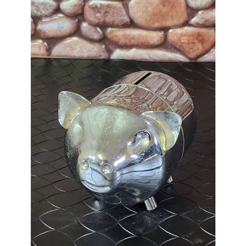 Vintage Metal Piggy Bank Silver Tone Retro Mid Century